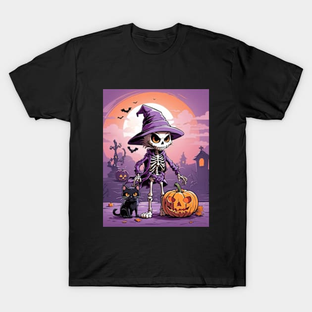 Well dressed Halloween skeleton with cat and pumpkin T-Shirt by BrisaArtPrints